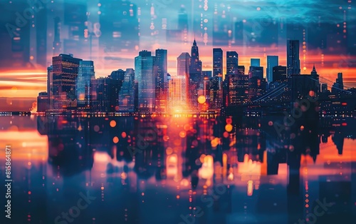 City skyline at sunset focus on the buildings  vibrant urban colors  double exposure silhouette with a bridge