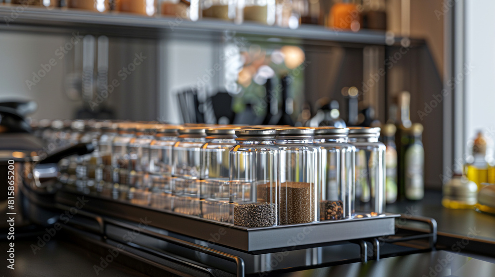 Close range shot of a minimalist spice rack in a kitchen, showcasing a uniform array of glass jars. Close range shot of a minimalist spice rack in a kitchen, showcasing a uniform array of glass jars.