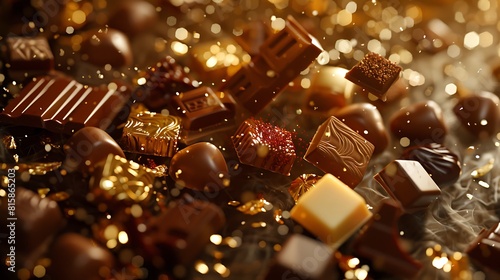 A symphony of assorted chocolates dancing gracefully on a bed of shimmering gold foil
