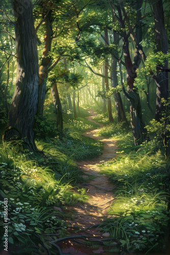 An enchanted forest path winding through towering trees  with sunlight filtering through the lush canopy and casting enchanting shadows on the forest floor