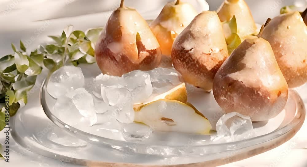 Summer-themed still life with water, rosemary, pears, ice, and long shadows. Concept Summer Still Life, Water, Rosemary, Pears, Ice, Long Shadows