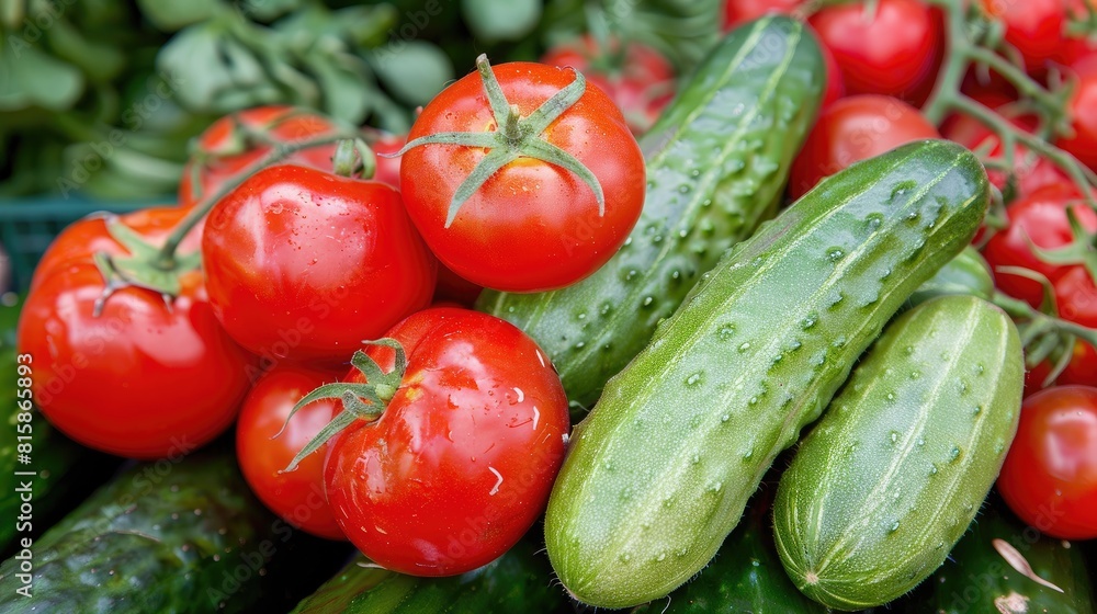 cucumbers, tomatoes, and greens displayed in a bustling store, showcasing the freshness of vegetables for sale. cucumbers, tomatoes, and greens displayed in a bustling store, showcasing the freshness of vegetables for sale.