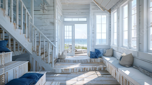 A beachfront home with a bleached wooden staircase complemented by white and blue interiors, capturing the essence of the seaside with open windows to ocean views.