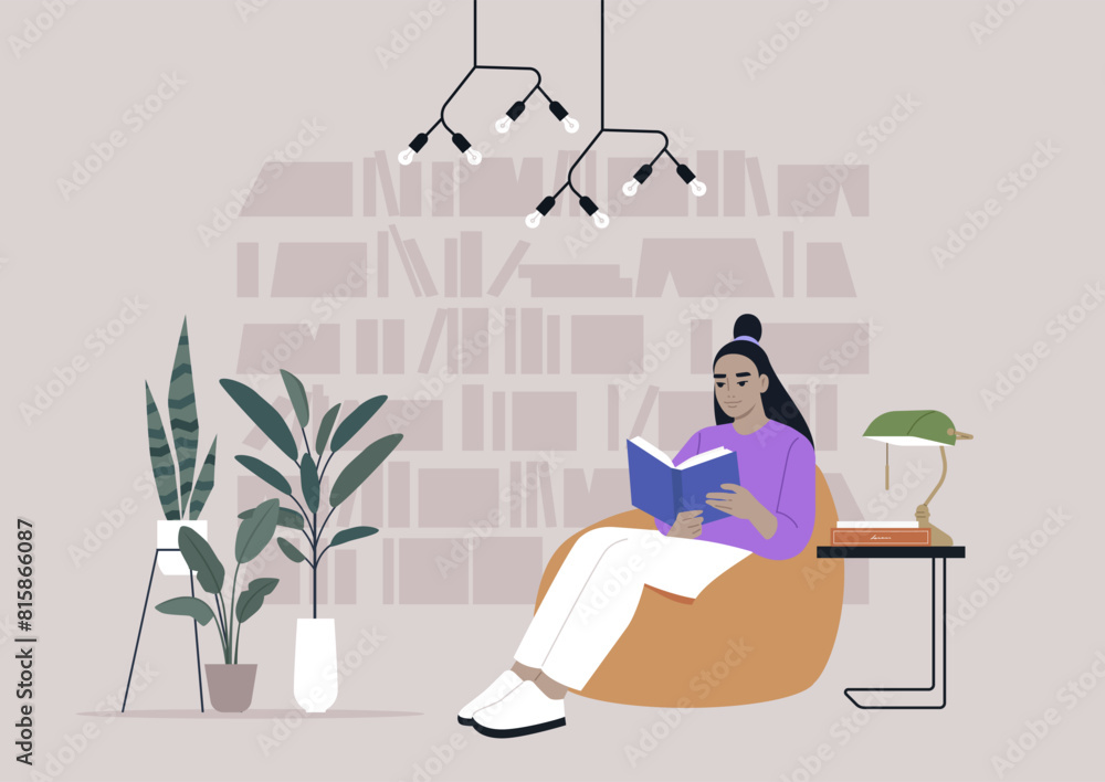 A person enjoying a peaceful reading session in a contemporary library, relaxing on a bean bag chair surrounded by books and plants under modern lighting A person enjoying a peaceful reading session in a contemporary library, relaxing on a bean bag chair surrounded by books and plants under modern lighting