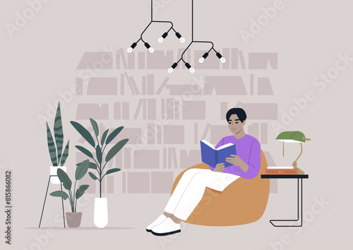 A person enjoying a peaceful reading session in a contemporary library, relaxing on a bean bag chair surrounded by books and plants under modern lighting