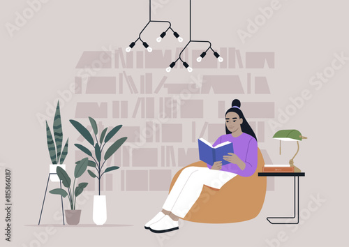 A person enjoying a peaceful reading session in a contemporary library, relaxing on a bean bag chair surrounded by books and plants under modern lighting