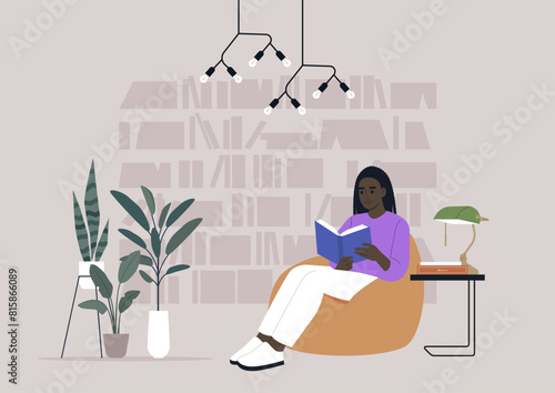 A person enjoying a peaceful reading session in a contemporary library, relaxing on a bean bag chair surrounded by books and plants under modern lighting