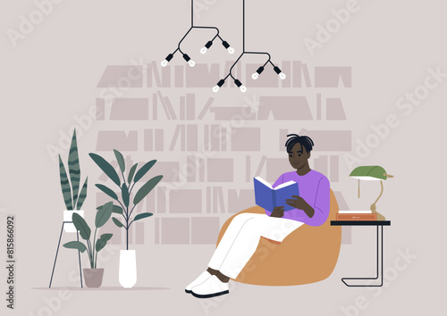 A person enjoying a peaceful reading session in a contemporary library, relaxing on a bean bag chair surrounded by books and plants under modern lighting