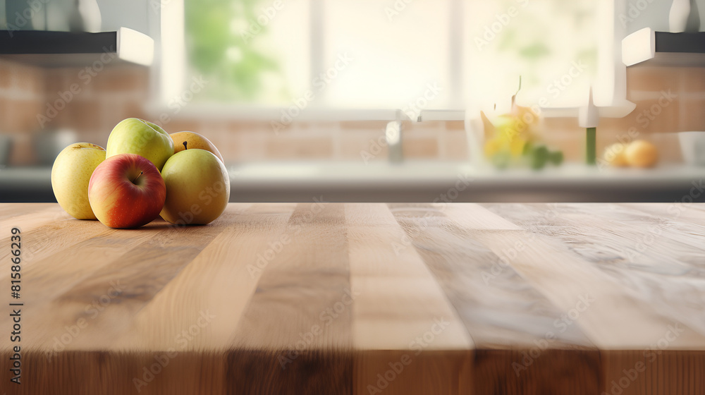 An empty wooden table with a blurred kitchen or dining room background.
