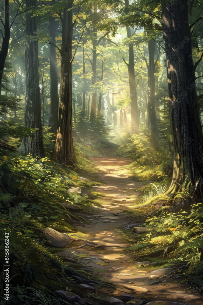 An enchanted forest path winding through towering trees, with sunlight filtering through the lush canopy and casting enchanting shadows on the forest floor
