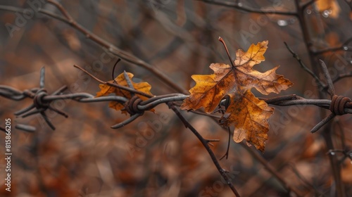Leaves dried and trapped in barbed wire