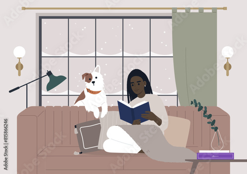 A character engrossed in a book on a cozy couch, accompanied by their loyal spotted dog