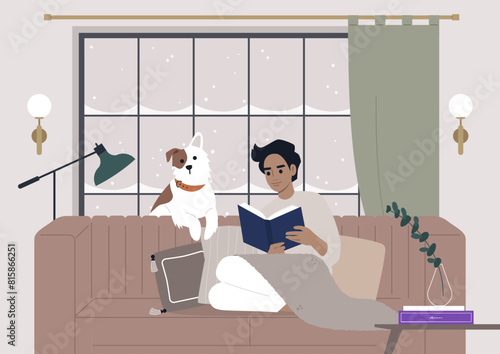 A character engrossed in a book on a cozy couch, accompanied by their loyal spotted dog