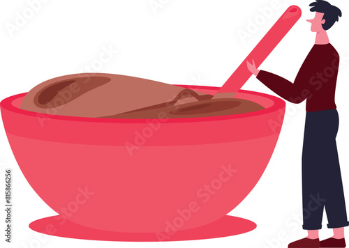 The boy is stirring the melted chocolate.