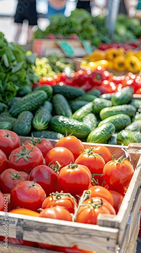 cucumbers  tomatoes  and greens displayed in a bustling store  showcasing the freshness of vegetables for sale.