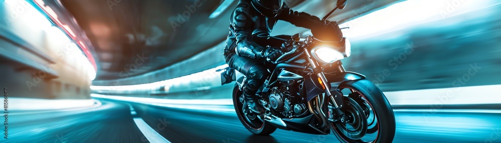 A motorcyclist in black gear riding at high speed through a tunnel, with motion blur emphasizing the speed A motorcyclist in black gear riding at high speed through a tunnel, with motion blur emphasizing the speed