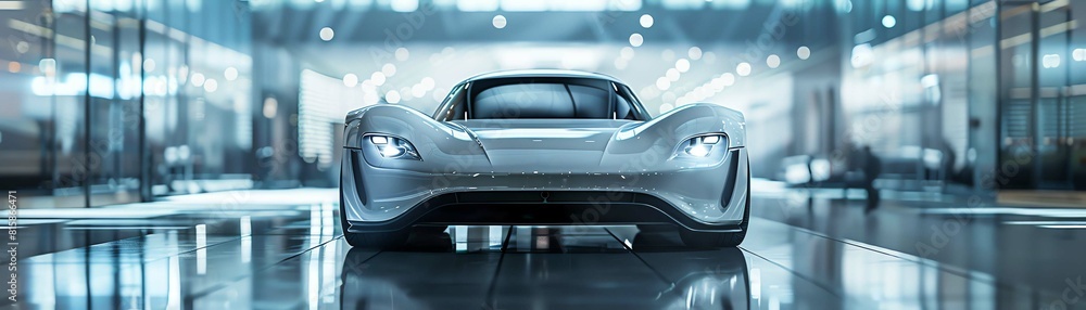 A white futuristic sports car, photographed headon in a modern indoor setting with glass windows in the background A white futuristic sports car, photographed headon in a modern indoor setting with glass windows in the background