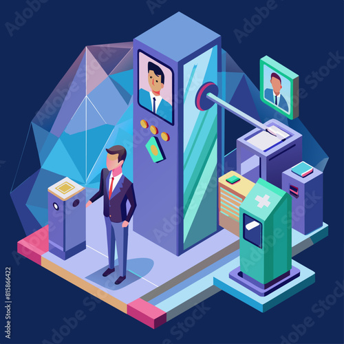 Facial recognition access control. Security technology in public spaces. Identity verification system. Low poly vector illustration with 3D effect on secured entrance background.1