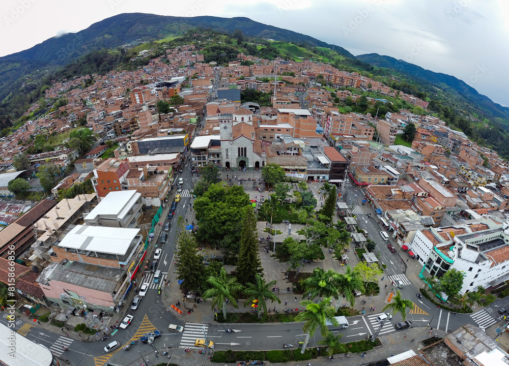 Fototapeta premium Saint Anthony of Prado, Medellin - Colombia. April 28, 2024. The township begins its development in the Republican era in 1860, Aerial photography with drone