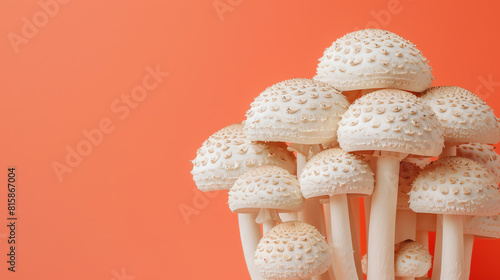 A cluster of white mushrooms with tan gills and stipes against a bright orange background.