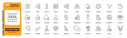 Hair Types Line Icon Set, Editable Stroke.  All Hair Types, Oily, Brittle, Curly, Cosmetic Skincare.