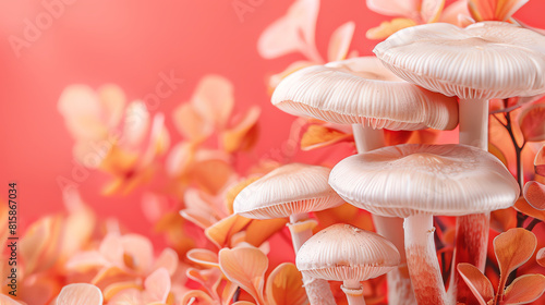 Photo of a group of white mushrooms with pink gills photo