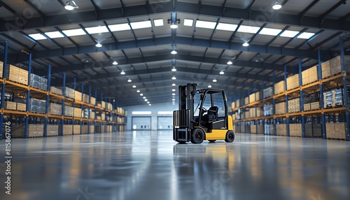 Forklift transporting boxes in a large warehouse, showcasing logistics and automation