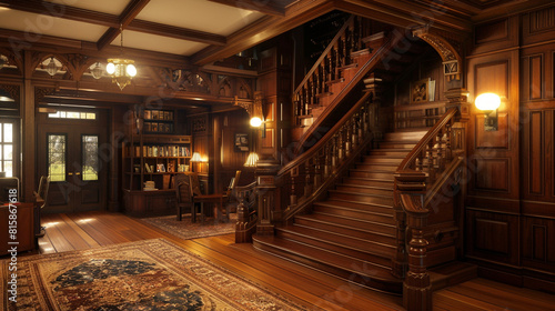 A classic American home with a wooden staircase adorned with intricate carvings and a handcrafted wooden railing, leading up to a warmly lit landing with a reading nook.