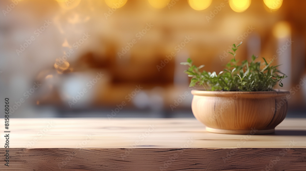 An empty brown wooden countertop and a blurred background of the interior of a modern kitchen, a demonstration of the installation of the product. An empty brown wooden countertop and a blurred background of the interior of a modern kitchen, a demonstration of the installation of the product.