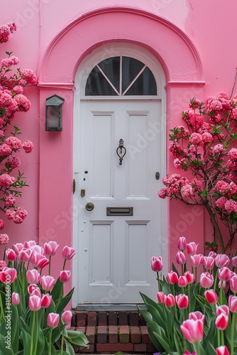 White door framed by pink tulips and flowers against a pastel pink wall, creating a charming, springlike scene