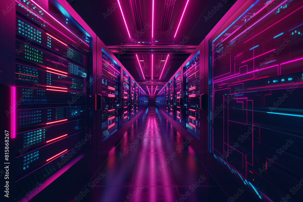Fototapeta premium Data storage server warehouse room with neon blue and violet light glowing trails, data network and connection for communication