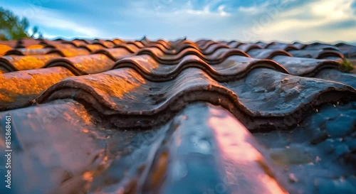 Close-up Shot of a Bituminous Tile on a House Roof. Concept Close-up Photography, Bituminous Tile, House Roof, Detailed Shot, Home Renovation photo