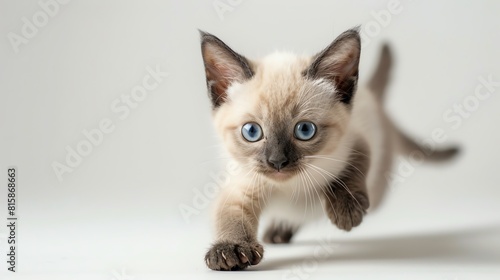 Playful Siamese kitten pouncing, lively and dynamic, white setting