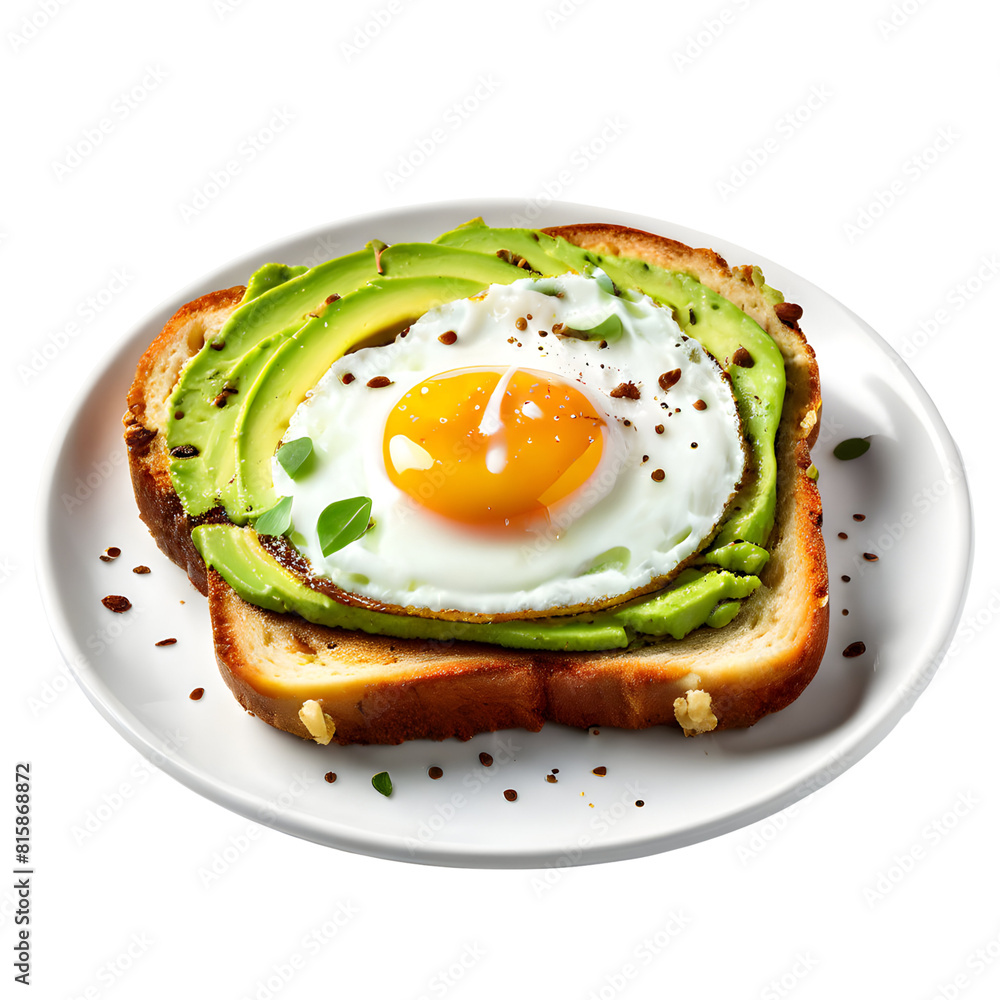Plate of Avocado Toast with a Fried Egg isolated on transparent background generative ai, cut out, or clipping path. Plate of Avocado Toast with a Fried Egg isolated on transparent background generative ai, cut out, or clipping path.