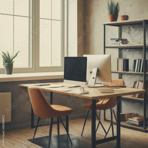 Wallpaper Mural Cozy office coworking interior with table and pc computers, shelf, and window Torontodigital.ca