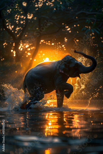 Joyful Elephant's Elegant Dance in Sun-Dappled Lake