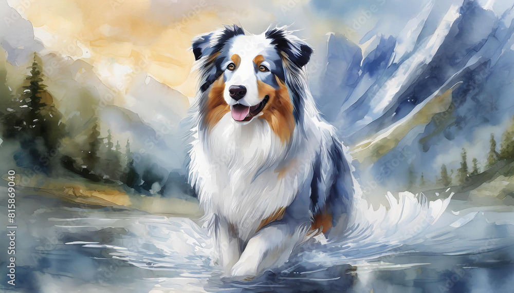 Watercolor illustration of dog Australian Shepherd breed. Puppy portrait, cute home domestic pet Watercolor illustration of dog Australian Shepherd breed. Puppy portrait, cute home domestic pet