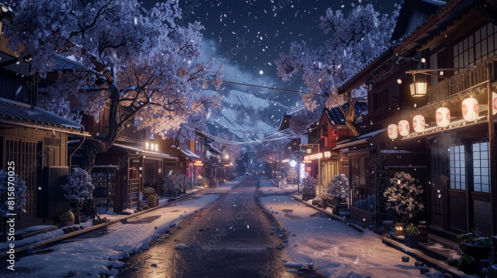 winter, rural city of japan, night time with sakura and mountain in the back winter, rural city of japan, night time with sakura and mountain in the back