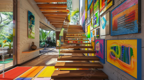 A contemporary artist's home with a floating wooden staircase adorned with colorful art pieces on the surrounding walls, creating a vibrant pathway between floors.