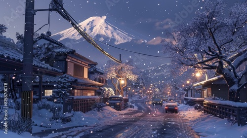 winter  rural city of japan  night time with sakura and mountain in the back
