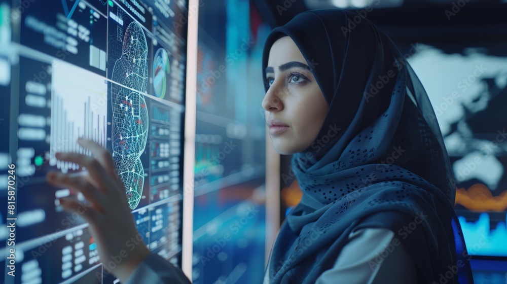 Portrait of a Smart Focused Middle Eastern Software Engineer Analyzing Neural Network Big Data on a Digital Screen. Young Arab Woman in Hijab Working in an Innovative Internet Service Company Portrait of a Smart Focused Middle Eastern Software Engineer Analyzing Neural Network Big Data on a Digital Screen. Young Arab Woman in Hijab Working in an Innovative Internet Service Company