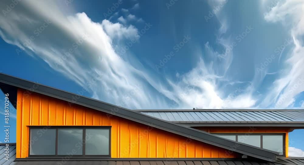 Metal Roof of House with Sky in Background Showing Upper Section of Building. Concept Architecture, Metal Roof, Sky, House, Upper Section