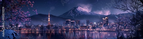 winter, rural city of japan, night time with sakura and mountain in the back photo