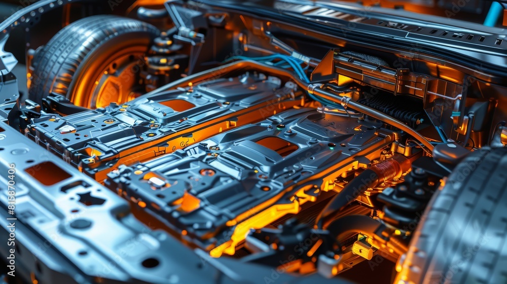 Fototapeta premium Solid State Battery for EV Electric Vehicle, new research and development batteries with solid electrolyte energy storage for automotive car industry, cathode