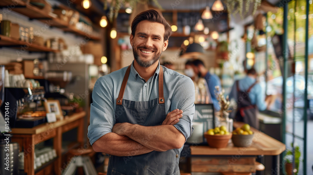 A confident café owner dressed in an apron stands ready to lead passionately and professionally. A confident café owner dressed in an apron stands ready to lead passionately and professionally.