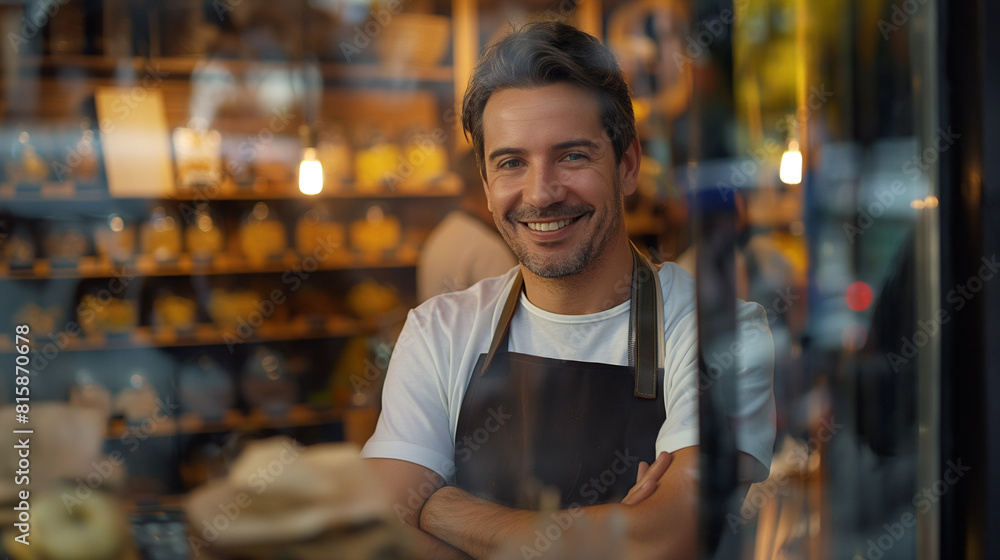 Bright and Friendly Shop Owner Outside His Local Coffee and Craft Store Bright and Friendly Shop Owner Outside His Local Coffee and Craft Store
