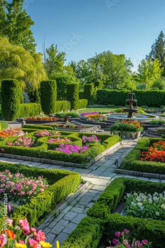 An elegant formal garden with meticulously sculpted hedges, manicured lawns, and a central fountain surrounded by colorful blooms, exuding sophistication and refinement in a harmonious symphony © grey