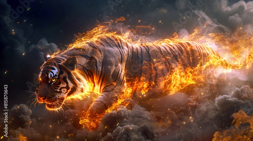 Majestic Fiery Tiger Soaring Through a Tumultuous Storm-Wracked Sky,Leaving Trails of Embers in its Wake