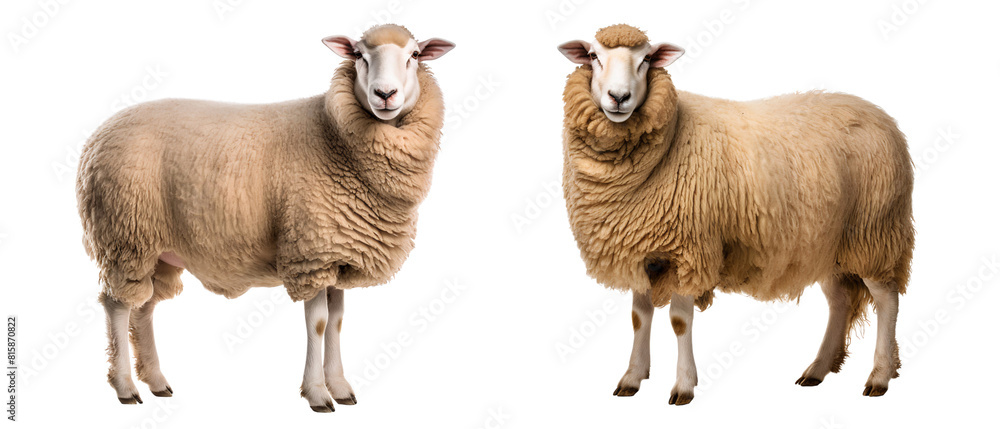 Fototapeta premium Female and male sheep with full body size standing together, isolated on transparent background