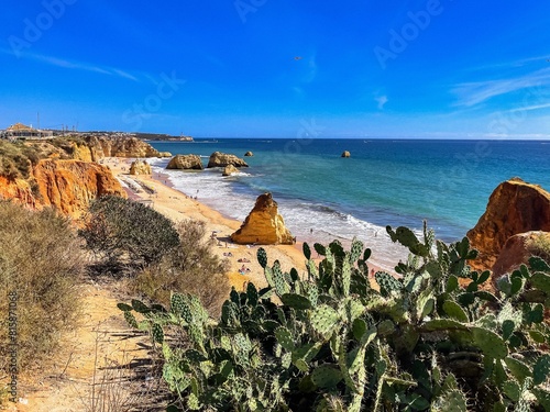 Praia Portugal, Algarve. Rocks, rocky shore, yellow rocks, coquina, beautiful coastline